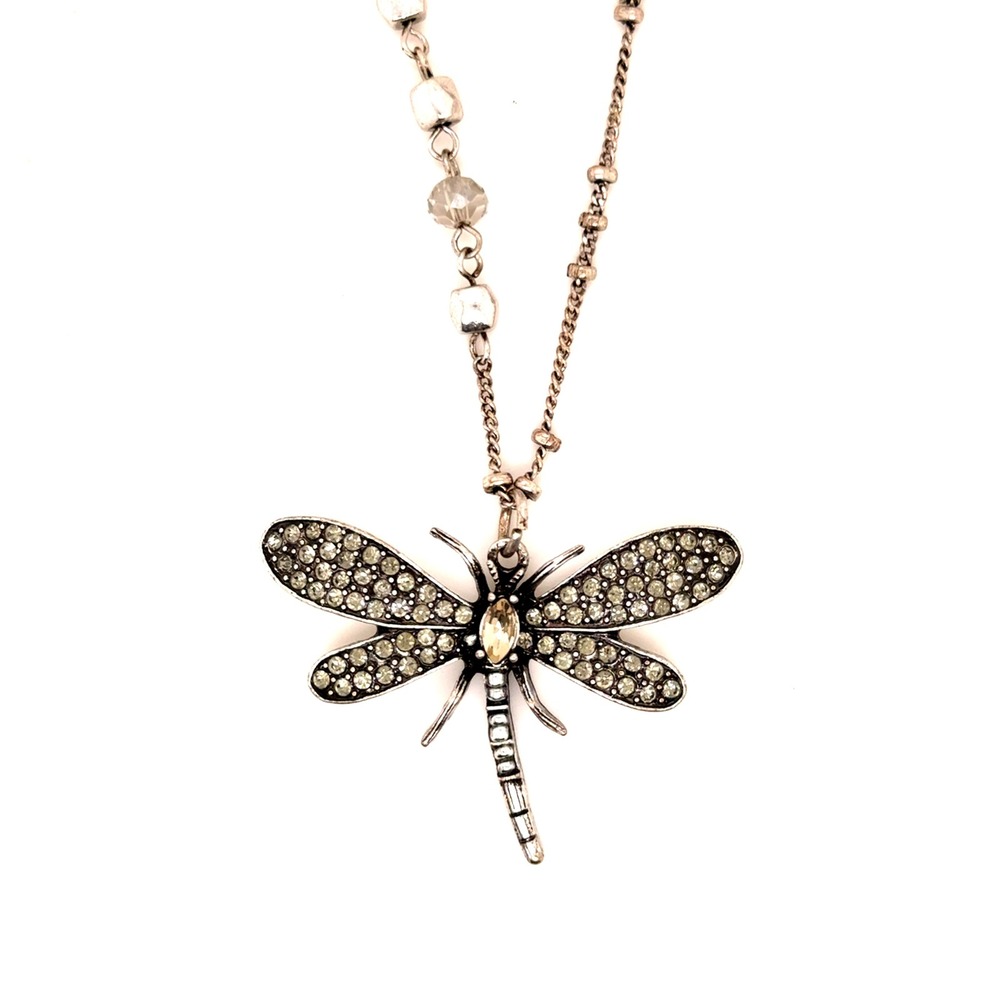 Silver Tone Rhinestone Dragonfly Pendant Long Adjustable Chain Necklace 32-36 In